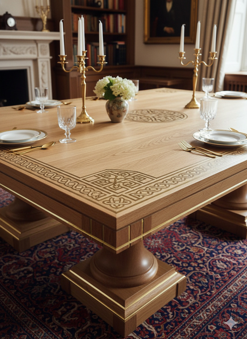 Bespoke oak dining table with brass inlay