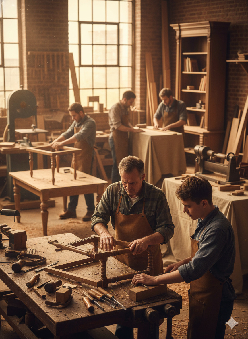 Furniture workshop with craftsmen at work